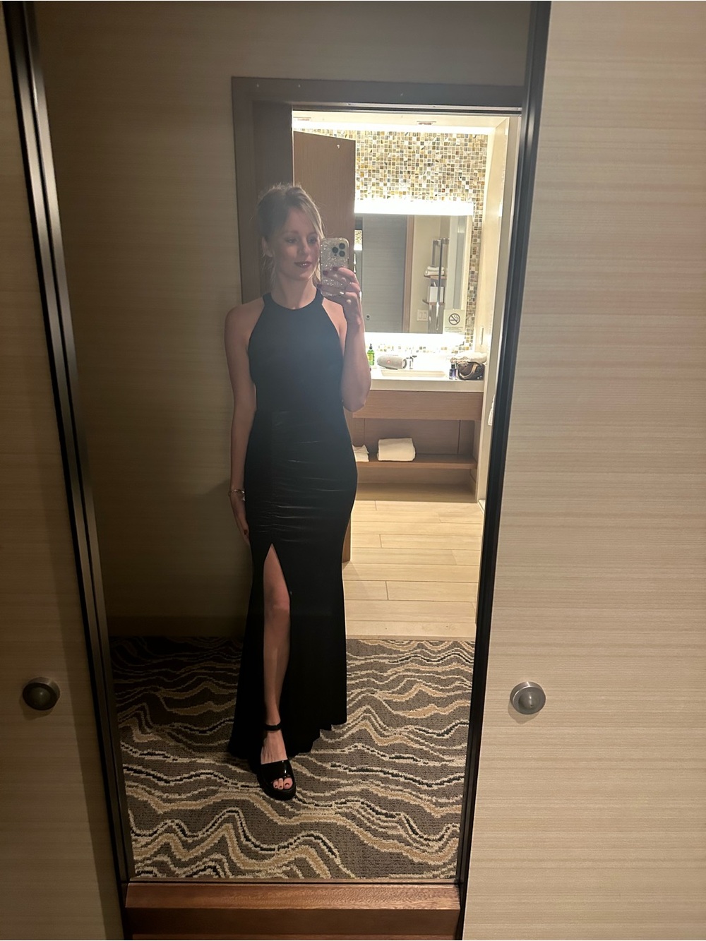 Windsor Black Velvet Halter Maxi Dress with Side Ruching